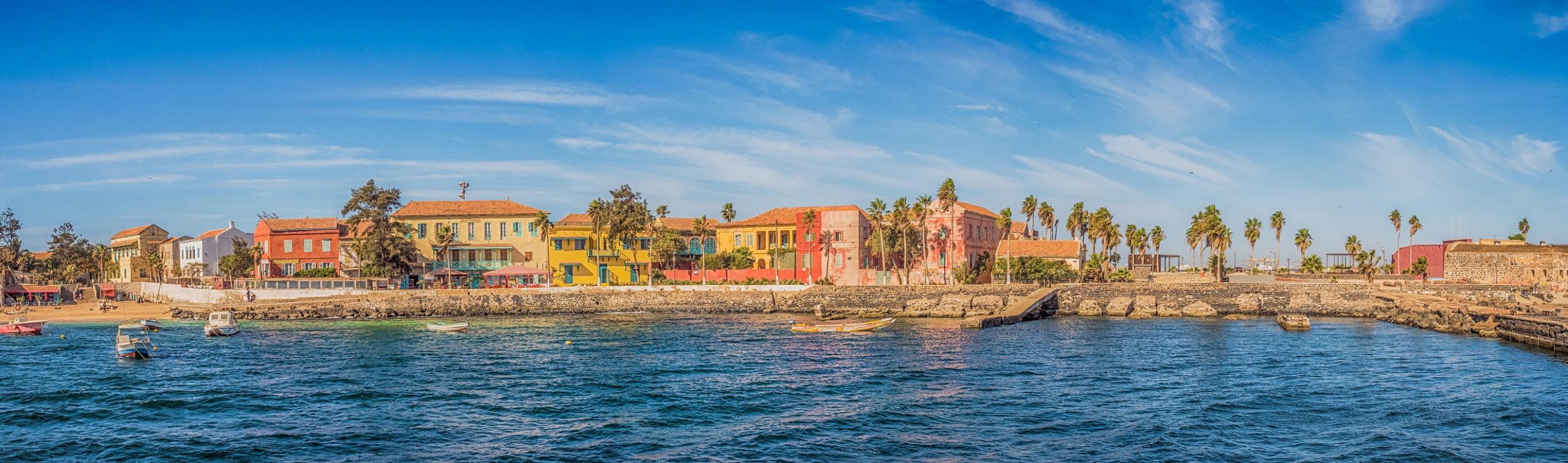 Panoramic view of colorful houses on the island Goree. Gorée. Dakar, Senegal. Africa.